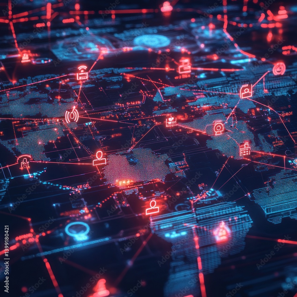 Poster global interconnected data network visualized with digital icons and world map.