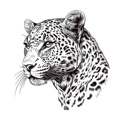 Detailed Illustration of a Majestic Leopard Head in Black and White Line Art Style