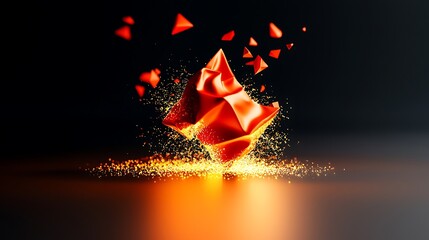Abstract polygonal formation with red shapes and shining particles on a dark glossy surface