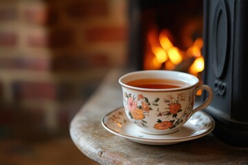 Fototapeta premium A cup of tea by the cozy fireplace.