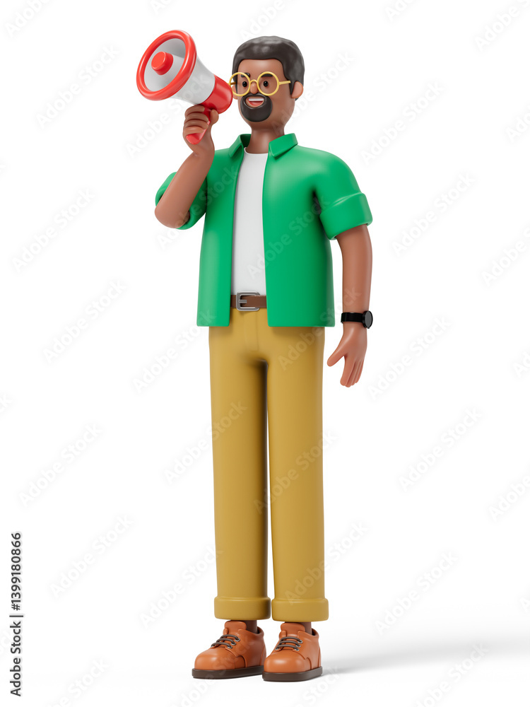 Poster man with a megaphone, symbolizing announcement or spreading information. 3d rendering, conceptual im