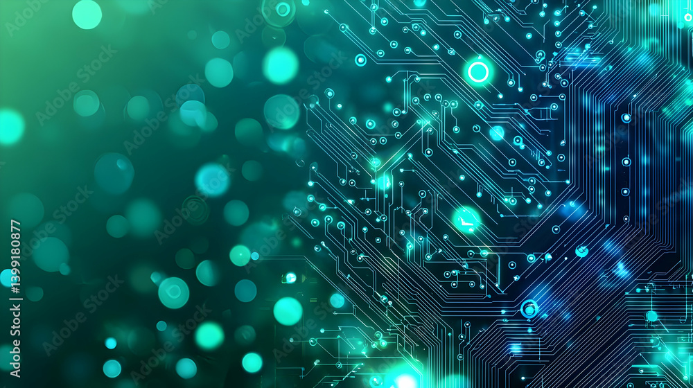 Poster abstract circuit board graphic with teal bokeh background