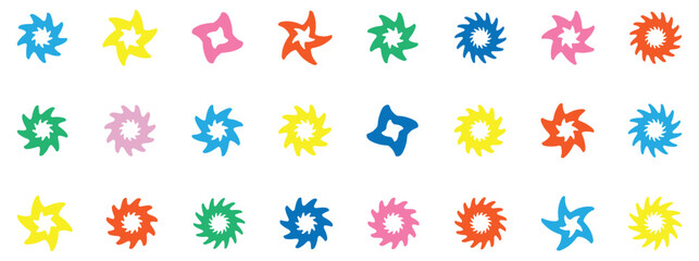 Spiral stars collcollection Brutalist geometric shapes and Y2K elements set. Trendy abstract graphic design elements. Vector illustration