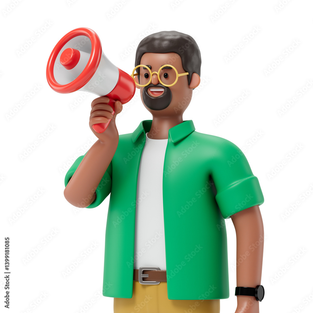 Poster man with a megaphone, symbolizing announcement or spreading information. 3d rendering, conceptual im