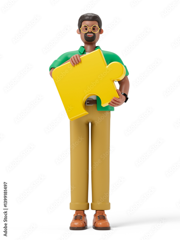 Poster man holding a puzzle piece, symbolizing finding solutions or completing tasks. 3d rendering, concept
