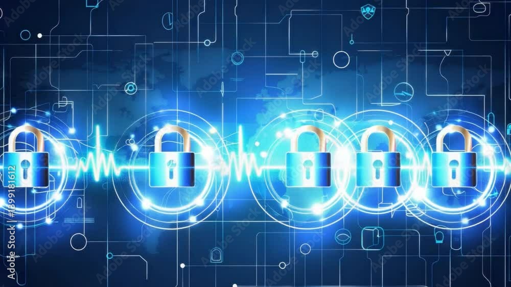 Poster digital illustration of abstract padlocks enhancing cybersecurity and data protection in global tech