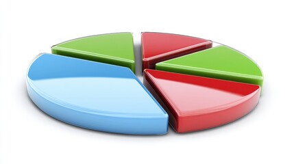 A sleek D pie chart with glossy segments in various shades of red, blue, and green. The chart is set against a minimal white background, with subtle shadows for depth.