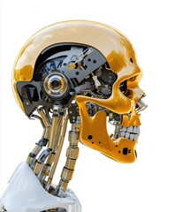 Fototapeta premium Close-up of a golden robotic head and upper torso with visible mechanical components