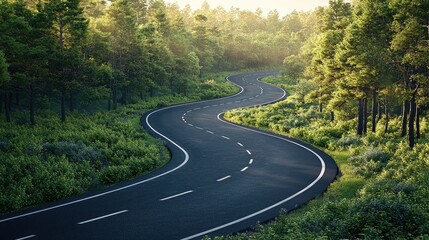 Obraz premium Winding road through a lush forest at sunrise. 