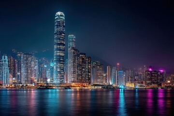 Obraz premium Hong Kong's breathtaking skyline illuminated at twilight over calm reflective waters