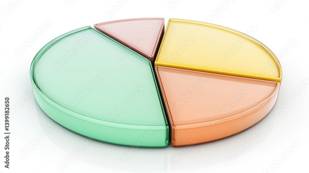Poster a vibrant d pie chart with translucent slices in neon colors, hovering above a reflective surface. t