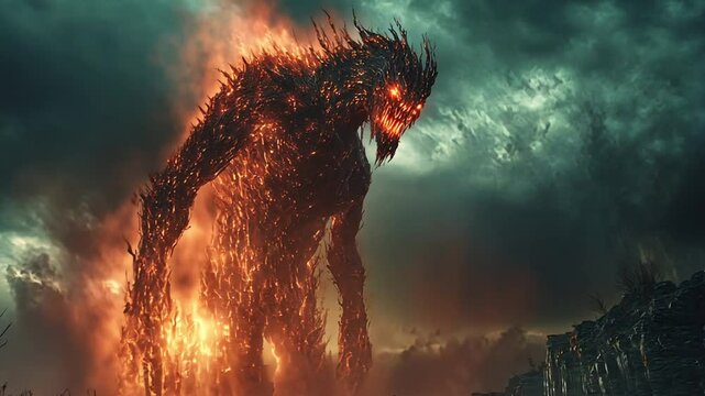 devil in hell, hell demon, evil character on fire, devil with flames and red skin and horns, demon surrounded by fire in hell, a demon with horns and glowing red eyes emerges from the flames, footage