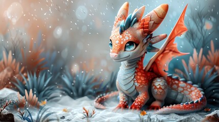Cute dragon sits in snowy winter forest, snowing softly.  Possible use Children's book cover