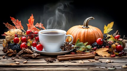 Autumn still life with a steaming cup, pumpkin, berries, spices, and fall foliage