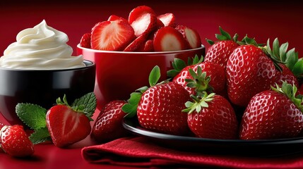 A vibrant and appetizing composition of strawberries with whipped cream, the berries sliced and beautifully arranged, emphasizing the contrast of textures and rich red color.