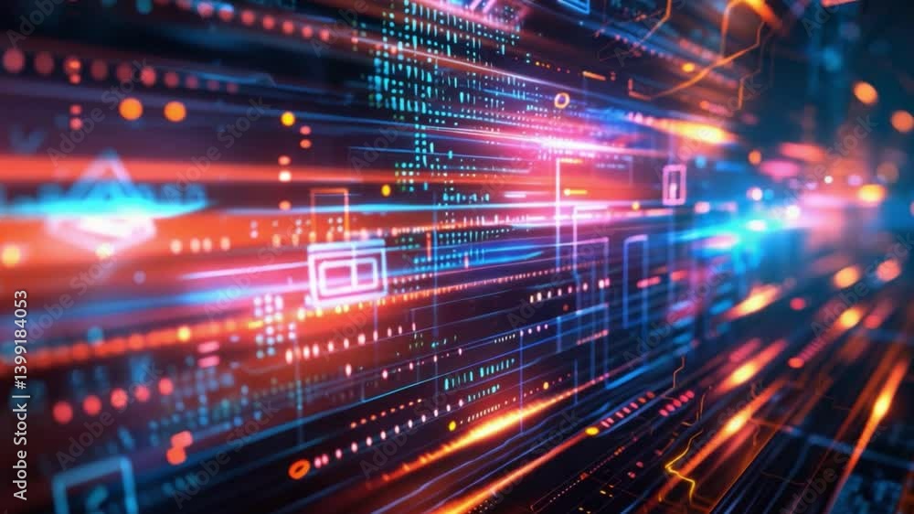 Poster vibrant digital technology background with glowing lines and abstract patterns, showcasing data flow