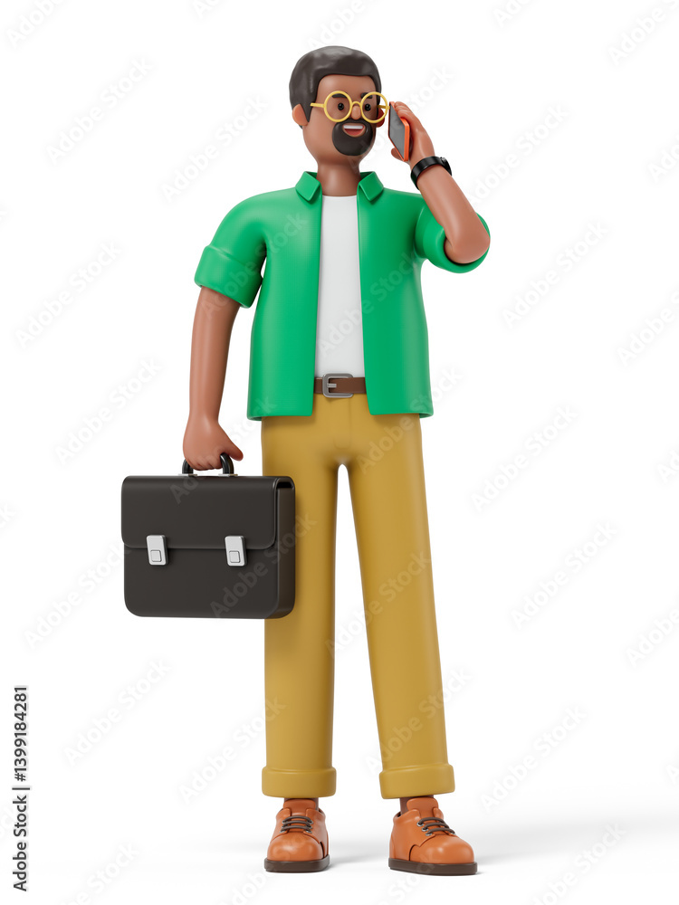 Poster man with a briefcase on a phone, symbolizing business communication. 3d rendering, conceptual image.
