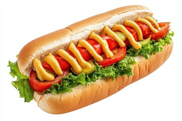 Hot dog sandwich, topped with mustard, tomato slices, pickles, and lettuce