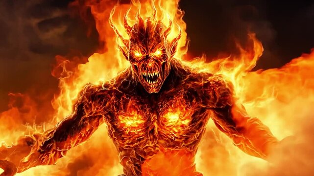 devil in hell, hell demon, evil character on fire, devil with flames and red skin and horns, demon surrounded by fire in hell, a demon with horns and glowing red eyes emerges from the flames, footage