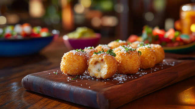 bolinhas de queijo fritas crocantes em cima de uma t&aacute;bua de madeira
