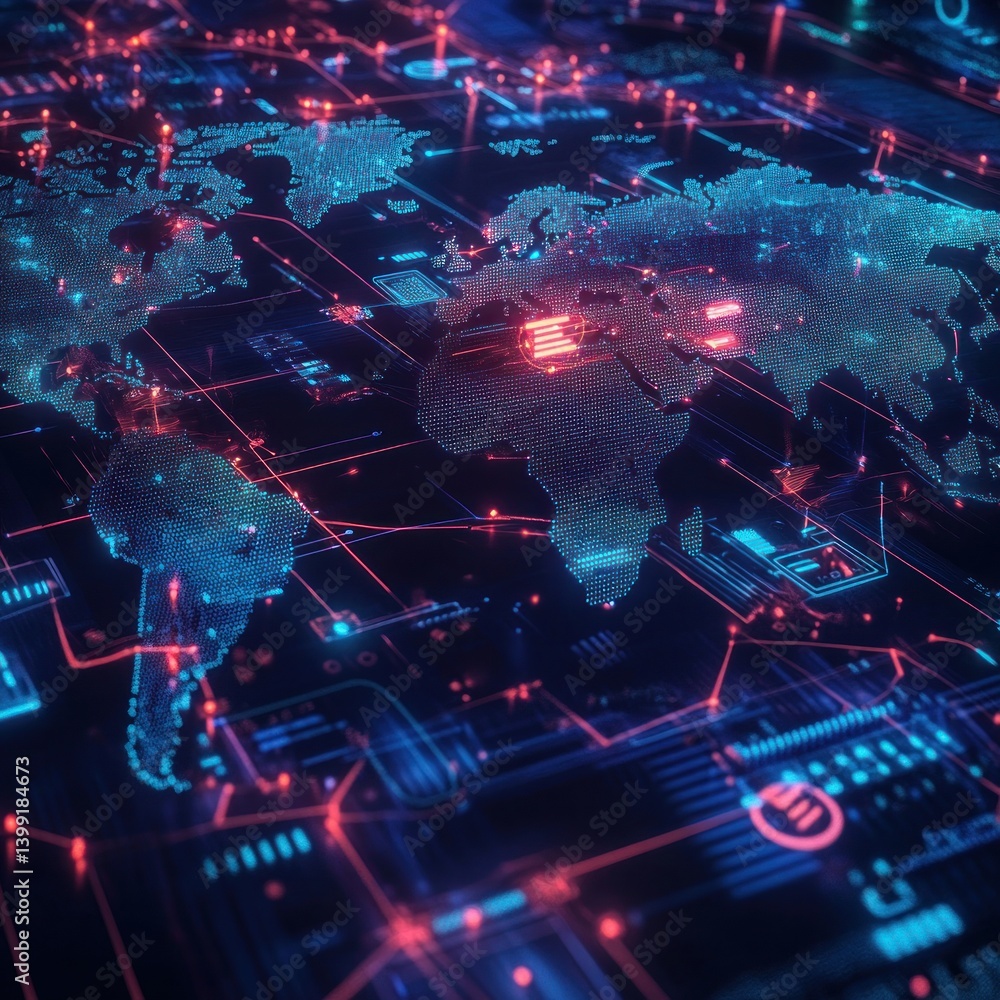 Poster a global digital network map, showcasing interconnectedness and data flow.