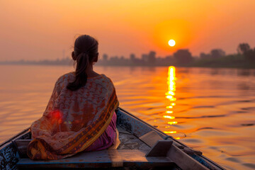 Amidst the tranquil waters of the Sabarmati River, an Indian girl takes a boat ride at sunset, her peaceful demeanor reflecting the serenity of Gujarat's natural beauty.
