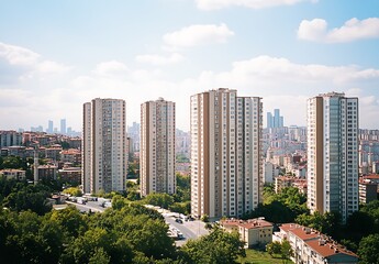 Fototapeta premium Urban skyline with modern residential towers and green landscape under blue sky