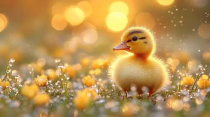 Adorable Baby Duckling in a Dew-Kissed Meadow at Sunrise