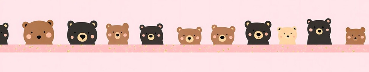 Cute Cartoon Bears in a Row on a Soft Pink Background for Child-Friendly Designs