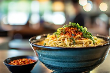 A bowl of spicy noodles topped with green onions and seasonings.
