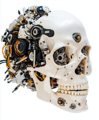 Fototapeta premium Intricate mechanical human skull with gears and wires on white background