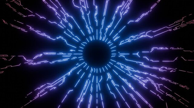 Seamless loop. Glowing Futuristic Circuit Board with Neon Purple and Blue Lines Radiating from a Central circle shape. For Technology product background