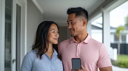 Smart home security monitoring by interracial couple indoor setting engaging connection modern environment