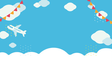 Background illustration of sky, airplane and garland flag