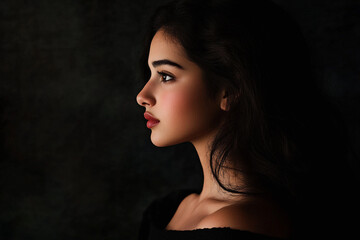 Naklejka premium A side-profile silhouette of a young woman standing in stillness, rim light highlighting the edge of her face and hair, deep dark background fading to black, mystery and longing in her posture.