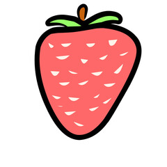 Colorful cartoon strawberry with green leaves and a brown stem, set against a simple white background