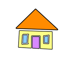 Colorful cartoon house with an orange roof and blue windows, set against a plain background