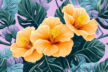 Vibrant Hibiscus Flowers Tropical Leaves Botanical Print