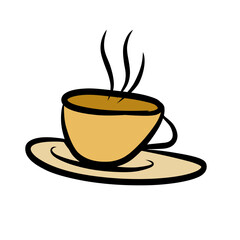 Illustration of a steaming cup of coffee on a saucer, with a simple white background