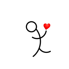Simple stick figure holding a red heart, symbolizing love and affection in a minimalist style