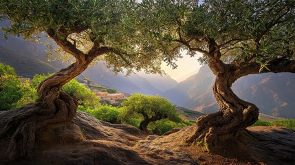Olive trees growing in rocky Jordanian mountains with ancient village and rolling hills in background under clear sky, depicting Mediterranean landscape, rural agriculture, and natural tranquility.