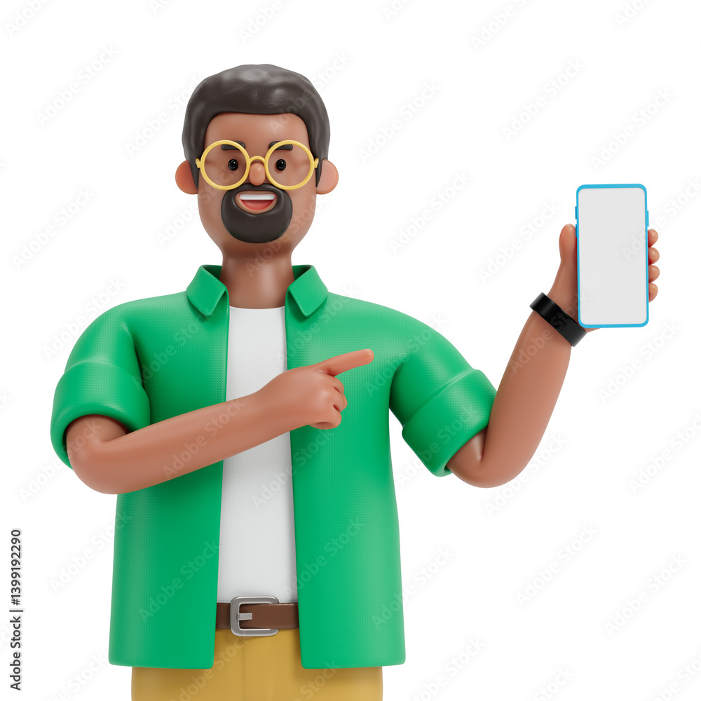 Poster businessman pointing to blank phone screen, symbolizing presentation or idea sharing. 3d rendering, 