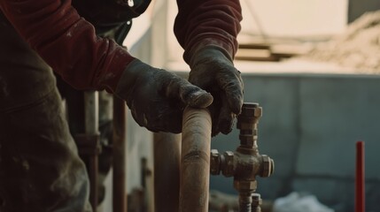 Fototapeta premium A construction site worker securing pipes during plumbing installation. Featuring pipe fitting and plumbing techniques