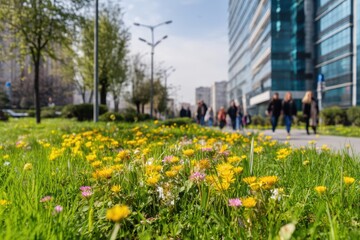 Vibrant yellow wildflowers in urban park foreground with blurred city crowd, nature and modern harmony concept.