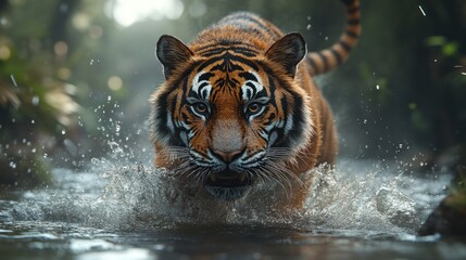 Majestic Tiger Emerging from Water: A Breathtaking Wildlife Encounter