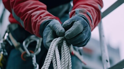 A construction site worker securing scaffolding with safety ropes. Featuring safety and teamwork