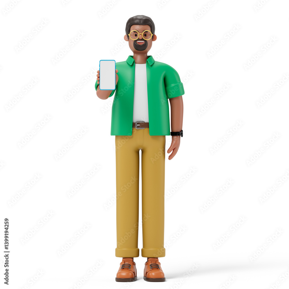 Poster man holding phone, symbolizing modern communication and technology use. 3d rendering, conceptual ima