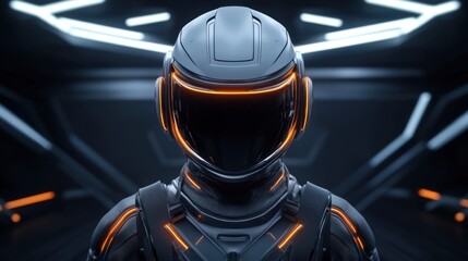 Fototapeta premium Futuristic helmet with glowing accents in a sci-fi environment