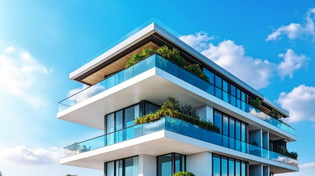 A contemporary apartment building features clean lines, expansive windows, and lush green terraces beneath a bright blue sky, reflecting modern urban living.

