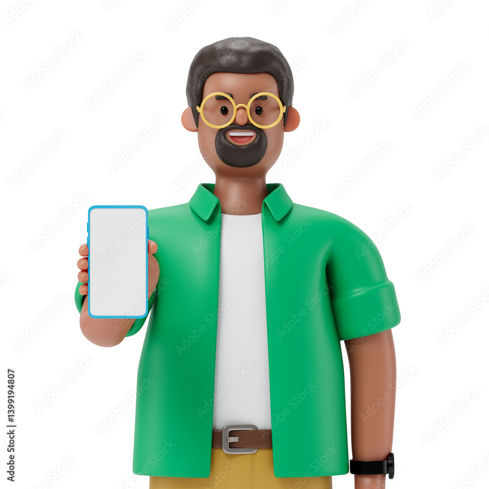 Poster man holding phone, symbolizing modern communication and technology use. 3d rendering, conceptual ima